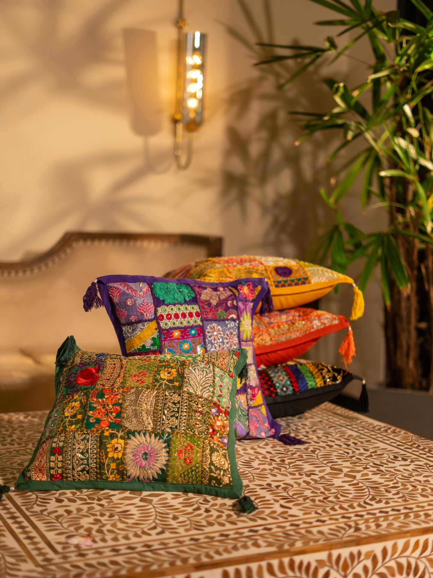 Assorted Khambadiya Patchwork Cushion Cover - Set of 5