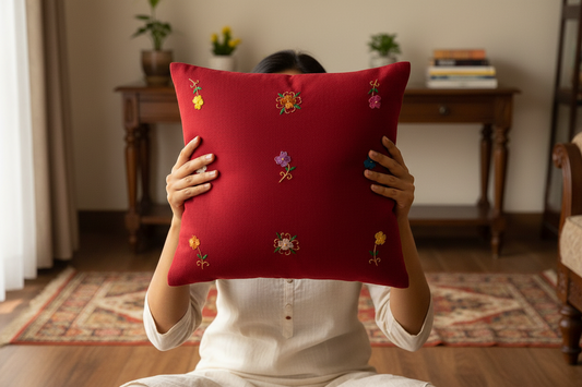 Kashmiri Aari Hand-Embroidered Cotton Cushion Cover