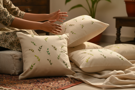 Kashmiri Aari Hand-Embroidered Cotton Cushion Cover