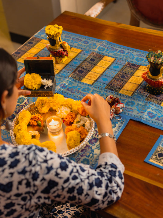 Silk Brocade Patchwork Table Runner Set (Runner + 6 Mats + 6 Coasters)