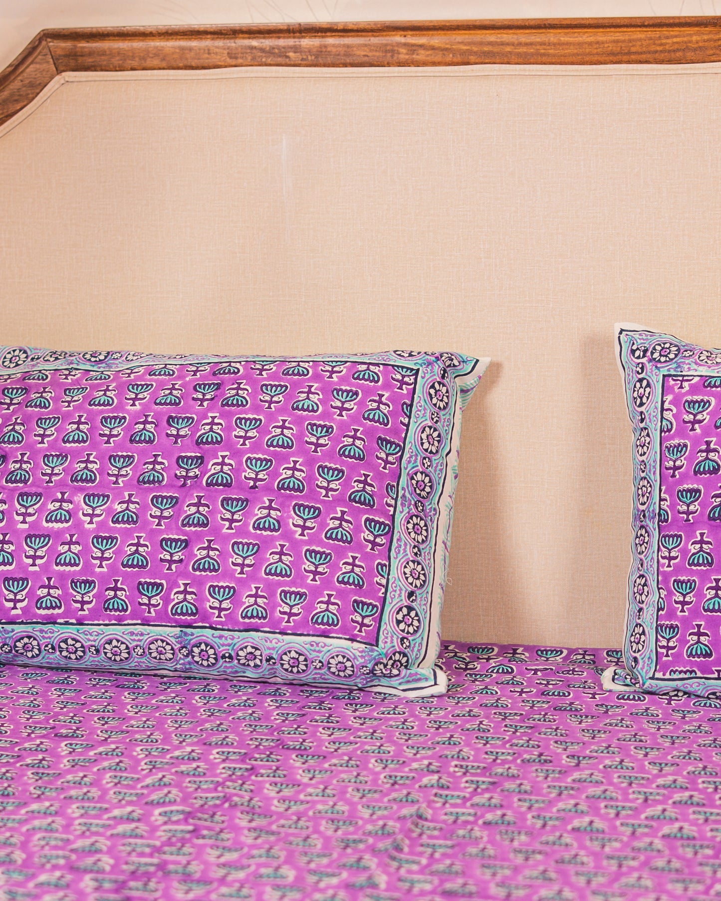 Close-up of Lilac Bloom Jaipur Block Print showcasing lilac floral motifs and handcrafted detailing.
