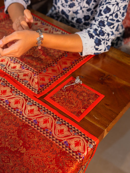 Silk Brocade Patchwork Table Runner Set (Runner + 6 Mats + 6 Coasters)