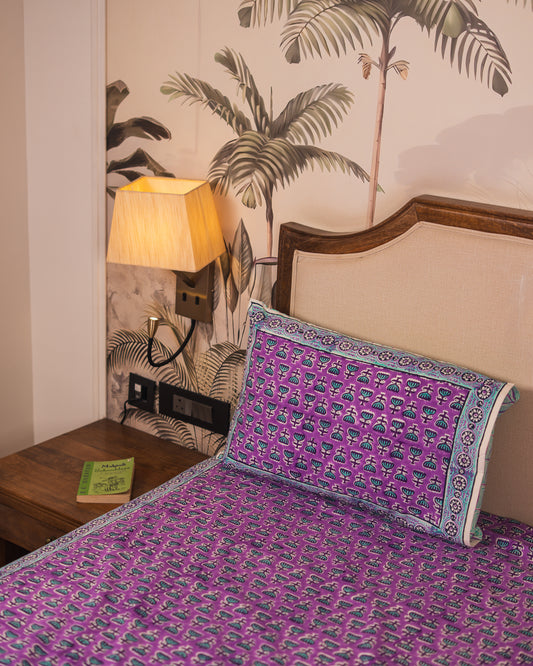 Close-up of Lilac Bloom Jaipur Block Print showcasing lilac floral motifs and handcrafted detailing.
