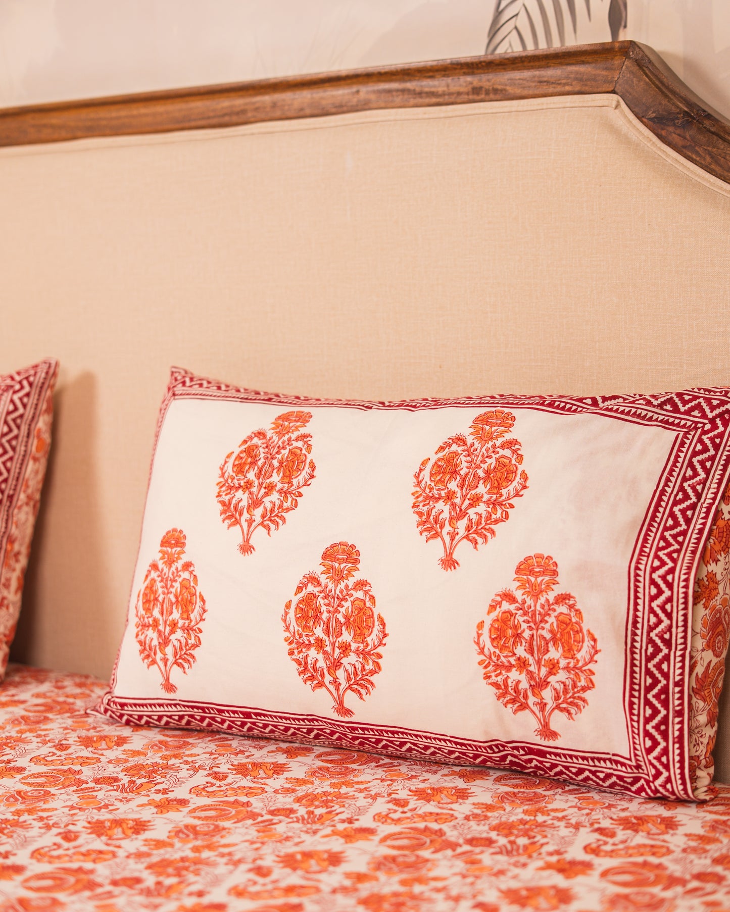 Heirloom Garden bedsheet border detail with coordinated Jaipur block print design.