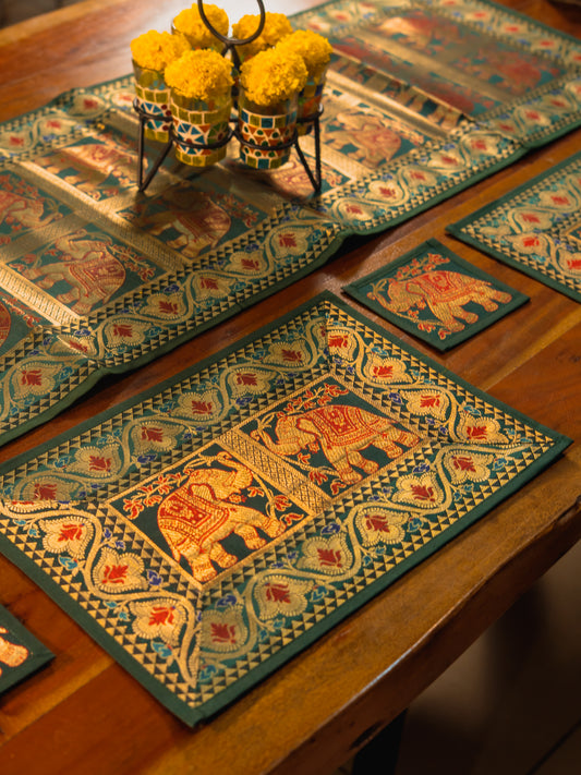 Silk Brocade Patchwork Table Runner Set (Runner + 6 Mats + 6 Coasters)