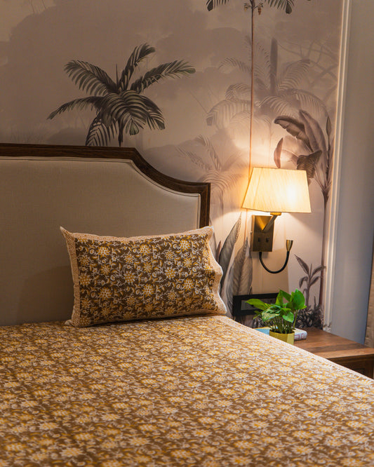 Close-up of Morning Marigold Jaipur Block Print showcasing intricate floral detailing.