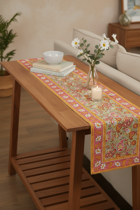 Rang Chowk Jaipur Block Print Cotton Table Runner featuring vibrant floral motifs in warm and cheerful hues.