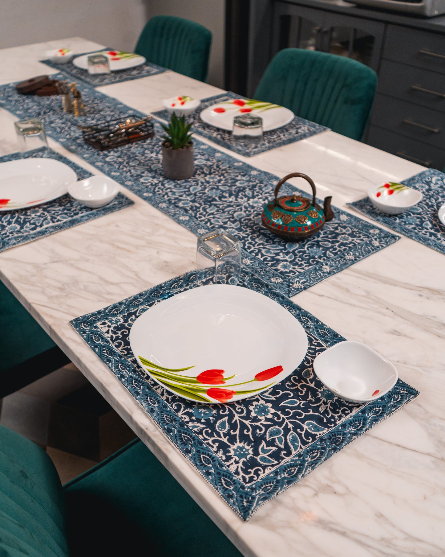 Indigo Manor Jaipur Block Print Cotton Table Runner and Placemats styled with classic blue and neutral dining décor accents.