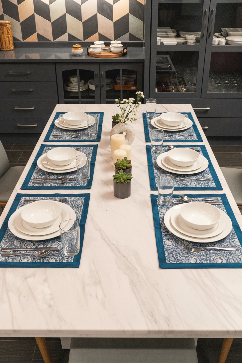 Poonam Bagh Jaipur Block Print Cotton Placemats styled with calm and sophisticated dining décor accents.