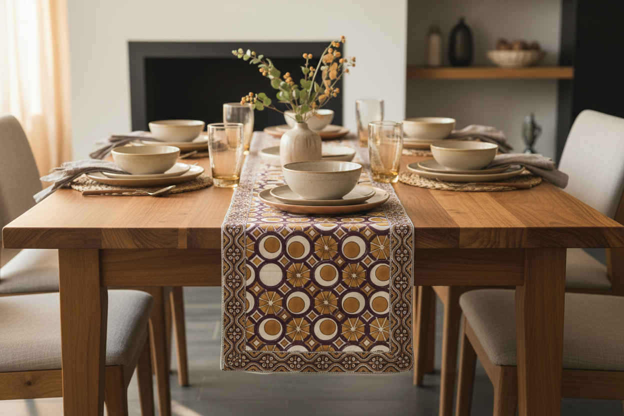 Mulberry Mosaic Jaipur Block Print Cotton Table Runner styled with warm and earthy table décor accents.