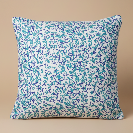 Reverse side of Feroza Haveli cushion cover featuring coordinated Jaipur block print design.