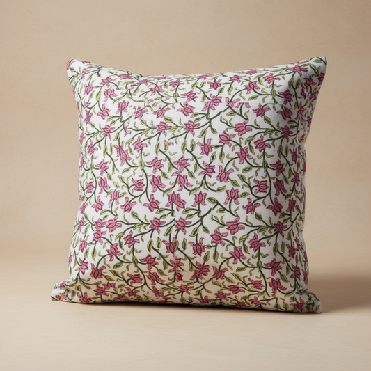 Reverse side of Phoolwari cushion cover featuring coordinated Jaipur block print design.