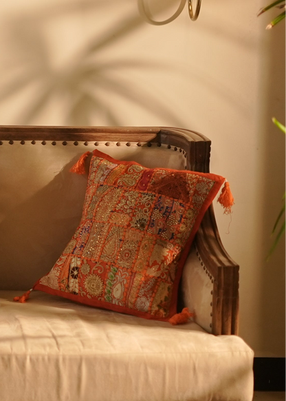 Khambadiya Patchwork Cushion Cover - Orange