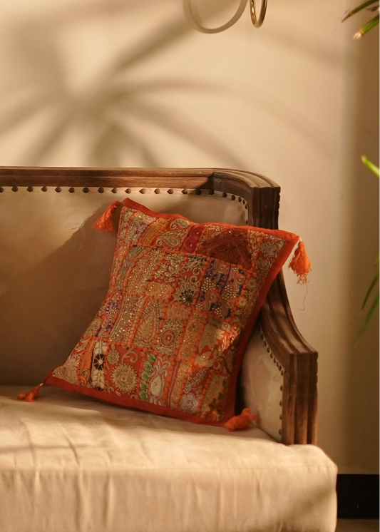 Khambadiya Patchwork Cushion Cover - Orange