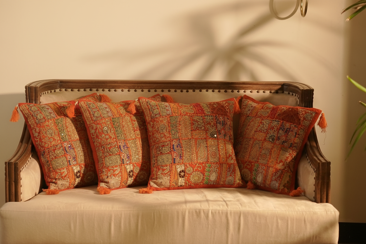Khambadiya Patchwork Cushion Cover - Orange