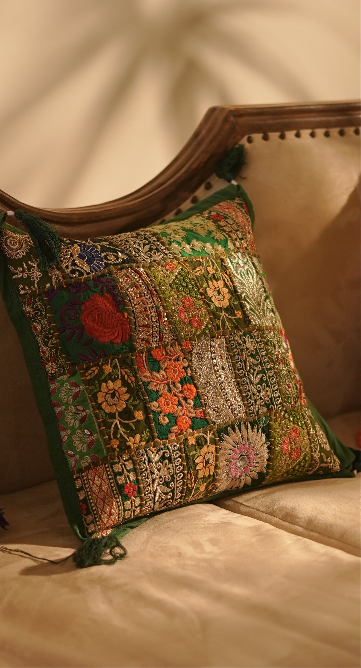 Khambadiya Patchwork Cushion Cover - Green