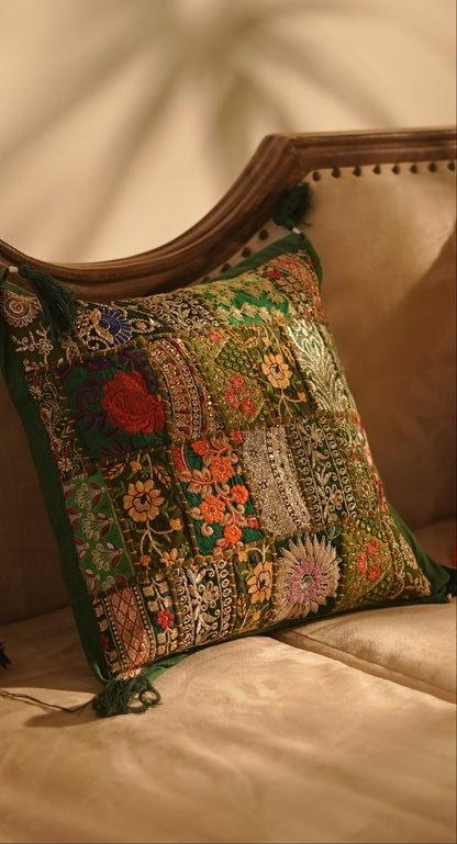 Khambadiya Patchwork Cushion Cover - Green