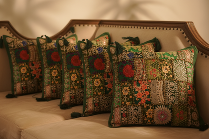 Khambadiya Patchwork Cushion Cover - Green