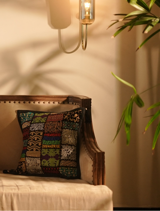 Khambadiya Patchwork Cushion Cover - Black
