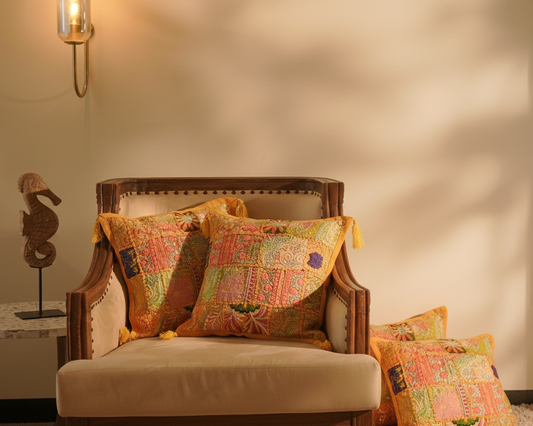 Khambadiya Patchwork Cushion Cover - Yellow