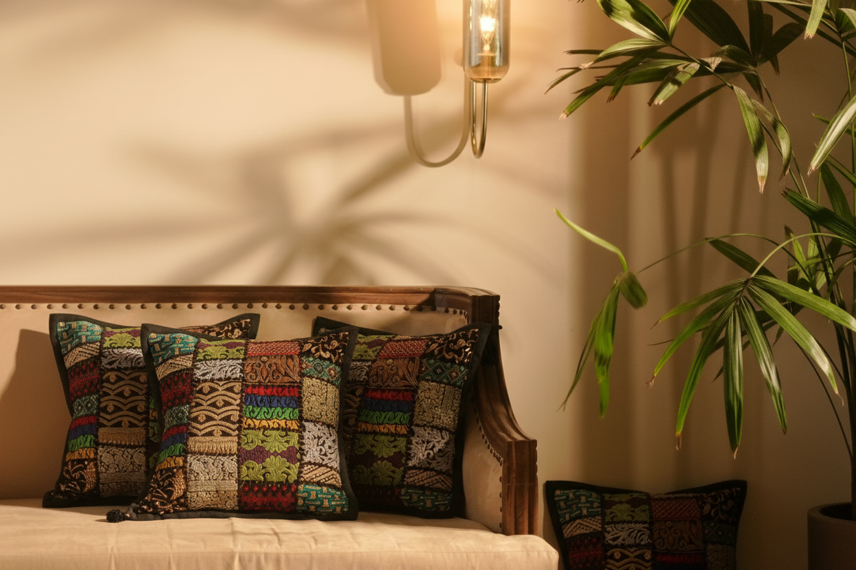 Khambadiya Patchwork Cushion Cover - Black