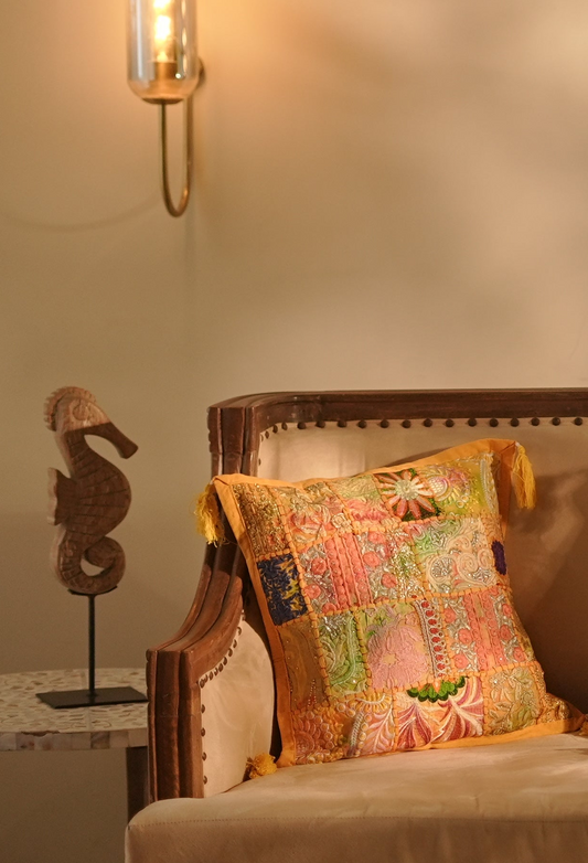 Khambadiya Patchwork Cushion Cover - Yellow