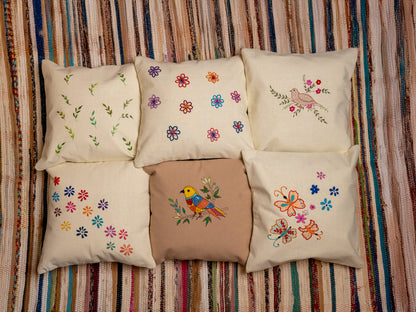 Kantha - Kalamkari Hand-Embroidered Cotton Cushion Cover