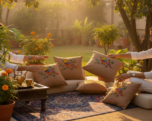 Kantha - Kalamkari Hand-Embroidered Cotton Cushion Cover