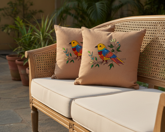 Kantha - Kalamkari Hand-Embroidered Cotton Cushion Cover