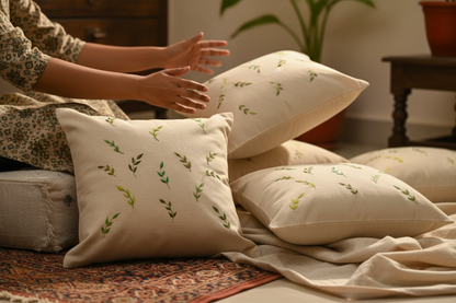 Kashmiri Aari Hand-Embroidered Cotton Cushion Cover