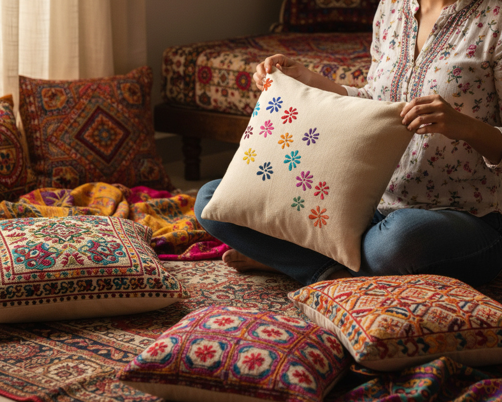 Kasuti Hand-Embroidered Cotton Cushion Cover