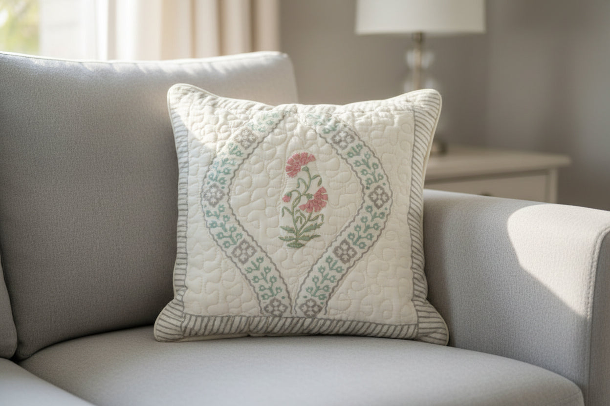 Hand Block Print Quilted Cushion Cover