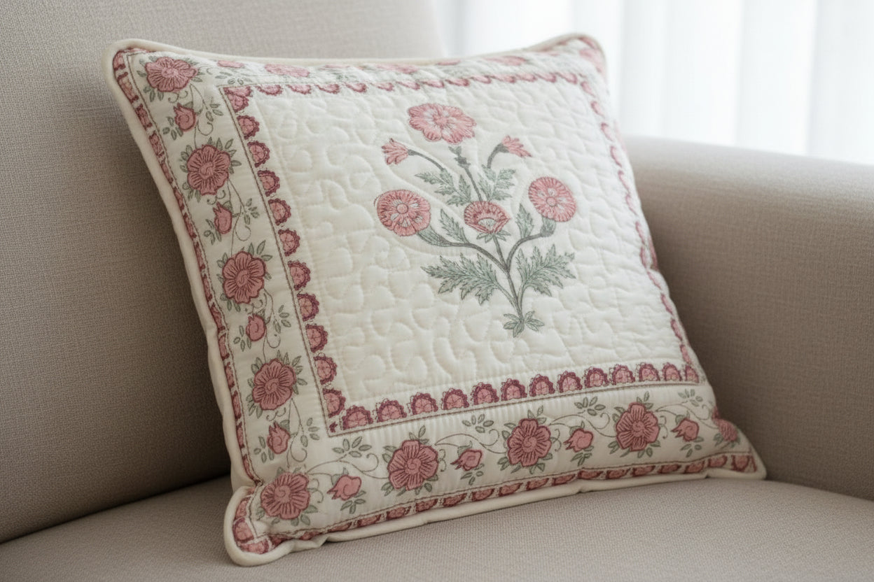 Hand Block Print Quilted Cushion Cover