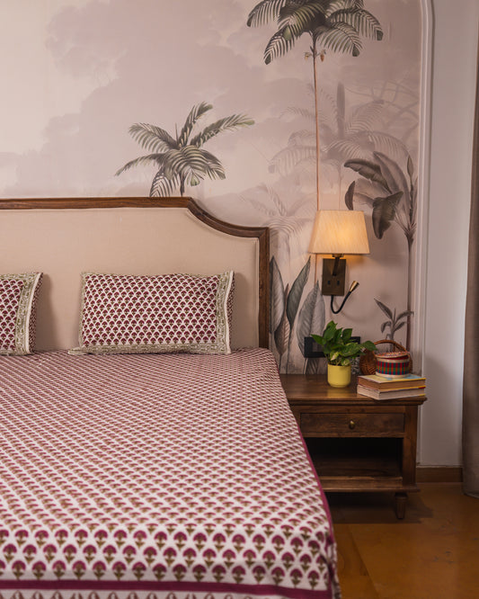 Wildflower Hall bedsheet border detail with coordinated Jaipur block print design.