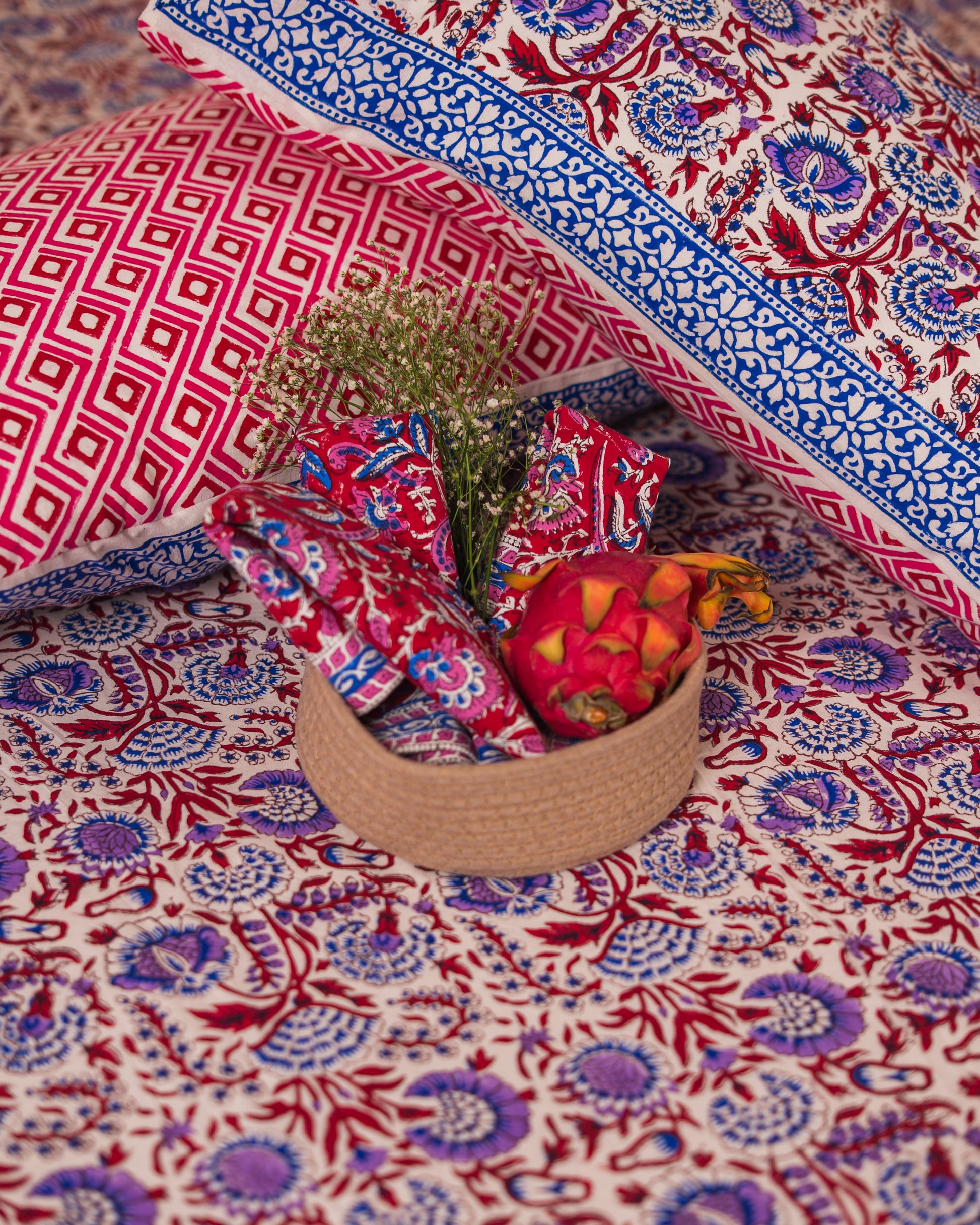 Thakurain Aangan bedsheet border detail with coordinated Jaipur block print design.