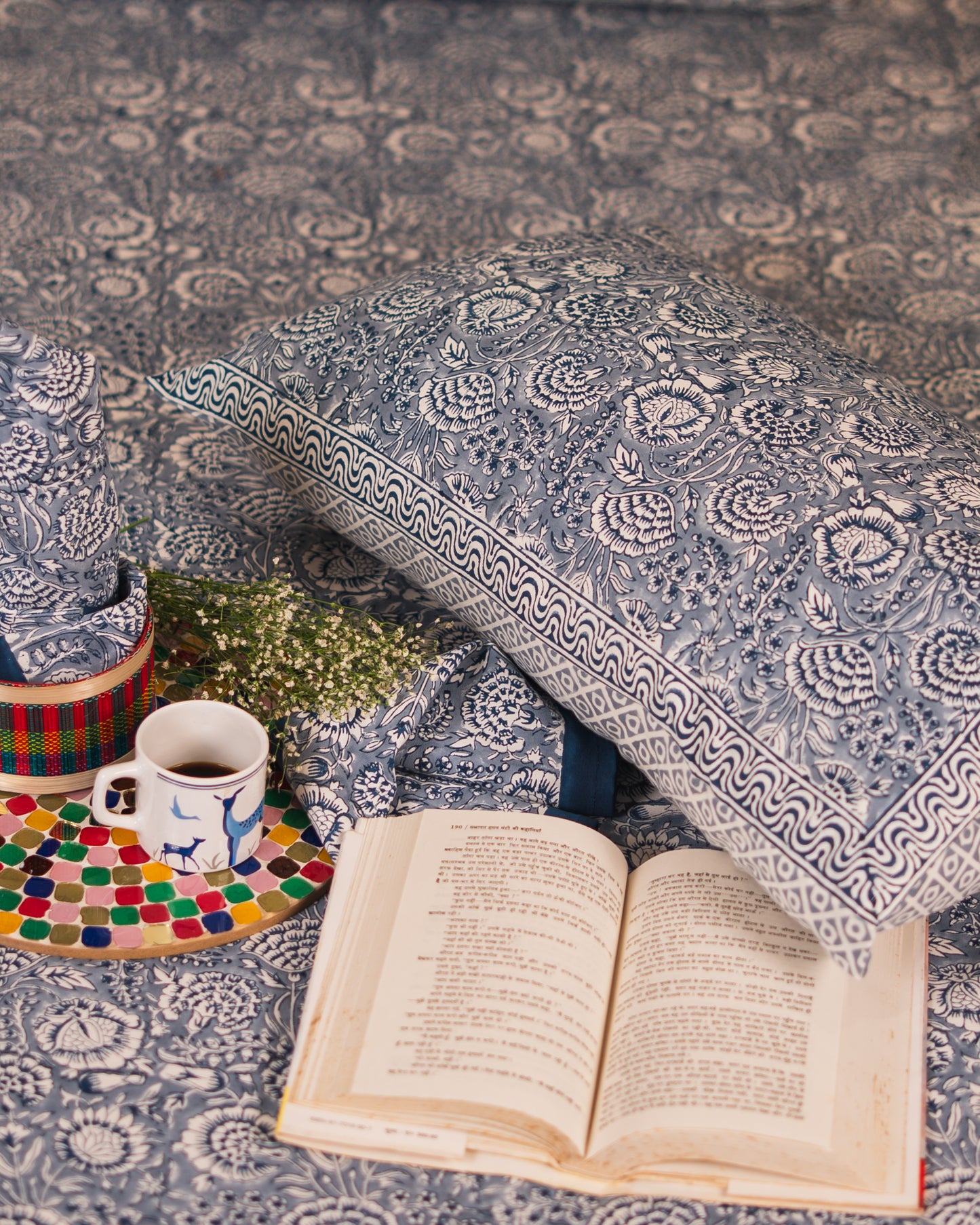 Poonam Bagh Jaipur Block Print Cotton Bedsheet styled in a calm and elegant bedroom setting.