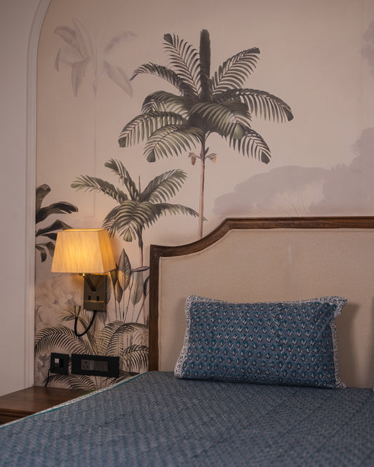 Close-up of Teal Pavilion Jaipur Block Print showcasing intricate floral detailing.