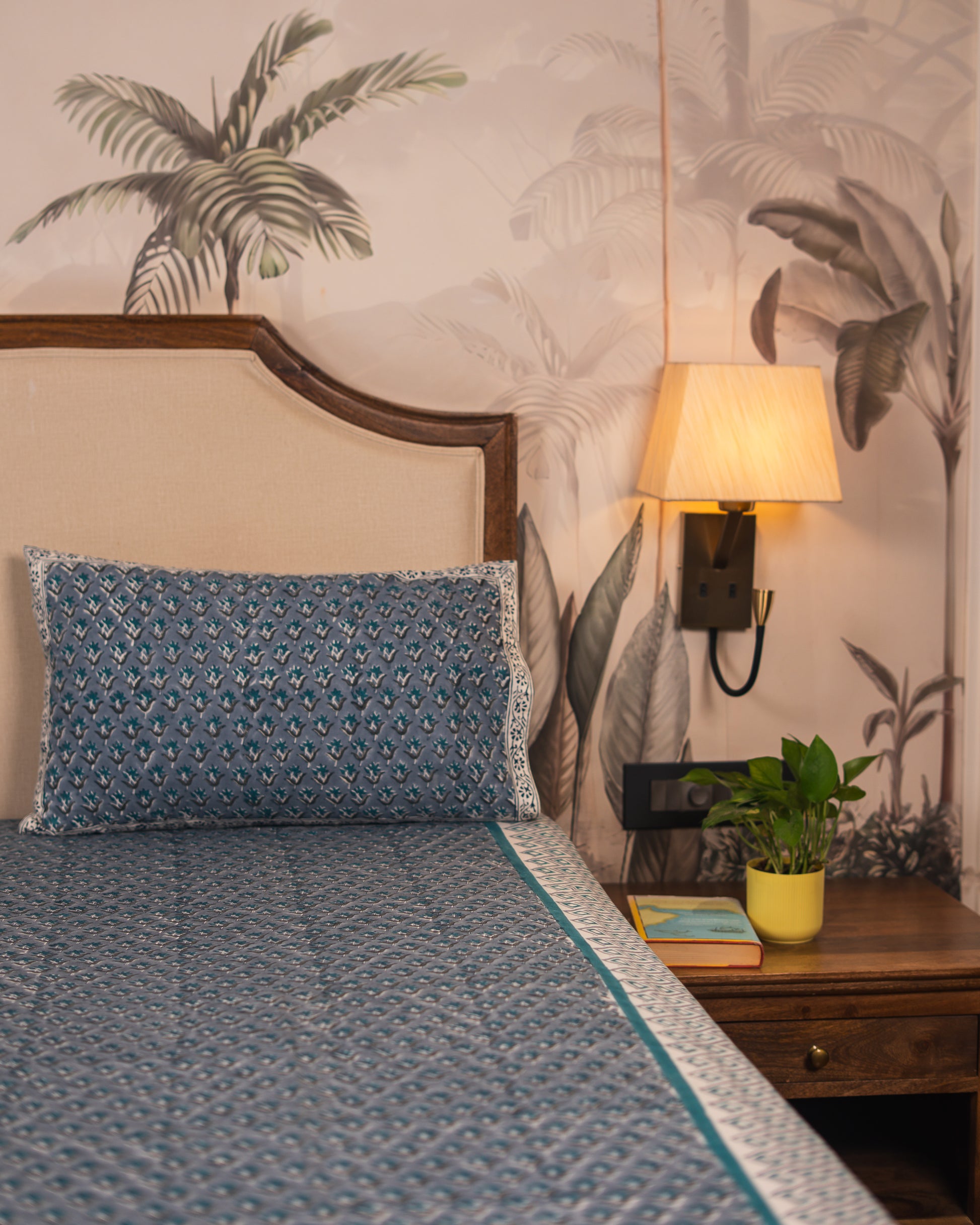 Teal Pavilion bedsheet border detail with coordinated Jaipur block print design.