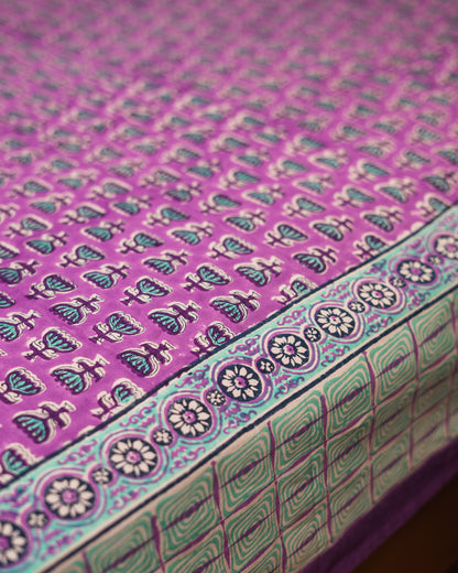 Lilac Bloom cotton bedsheet border detail with coordinated floral Jaipur block print design.