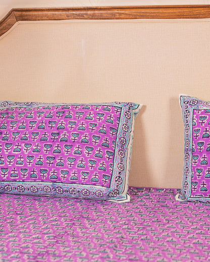 Close-up of Lilac Bloom Jaipur Block Print showcasing lilac floral motifs and handcrafted detailing.