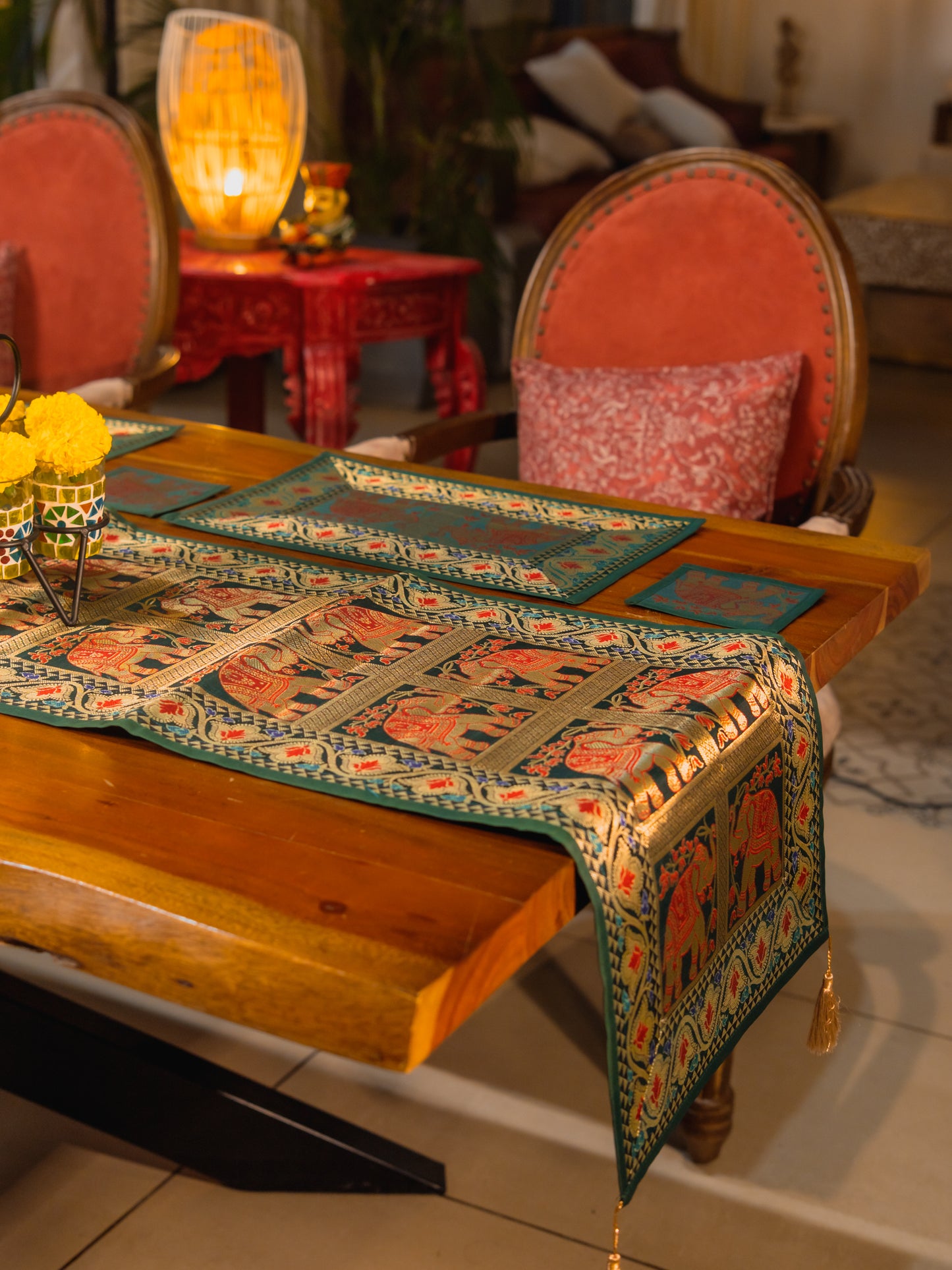 Silk Brocade Patchwork Table Runner Set (Runner + 6 Mats + 6 Coasters)