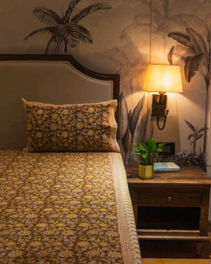 Morning Marigold bedsheet border detail with coordinated Jaipur block print design.