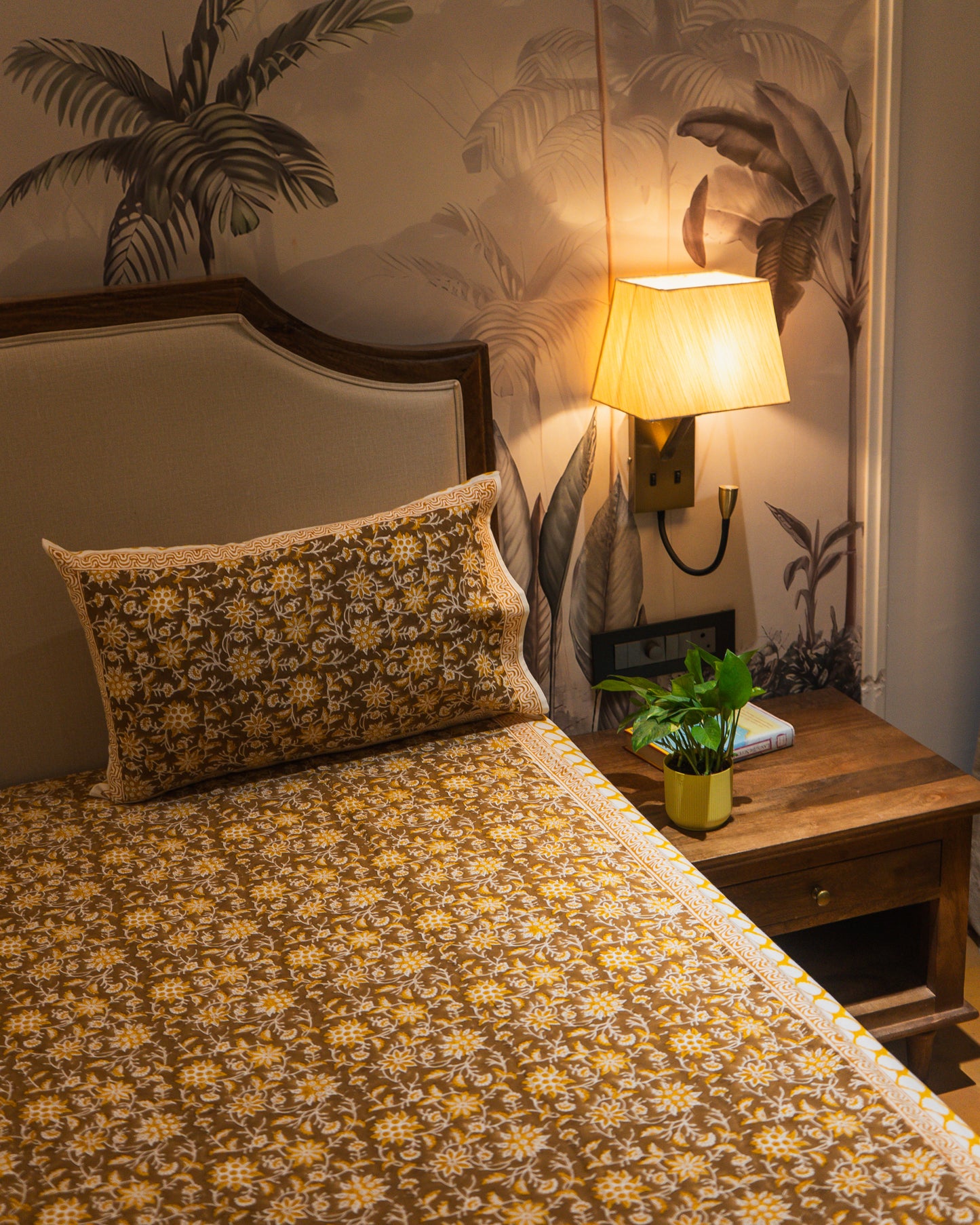 Morning Marigold Jaipur Block Print Cotton Bedsheet styled in a bright and inviting bedroom setting.