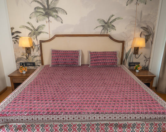 Berry Courtyard Jaipur Block Print Cotton Bedsheet featuring rich berry floral motifs on an earthy base.