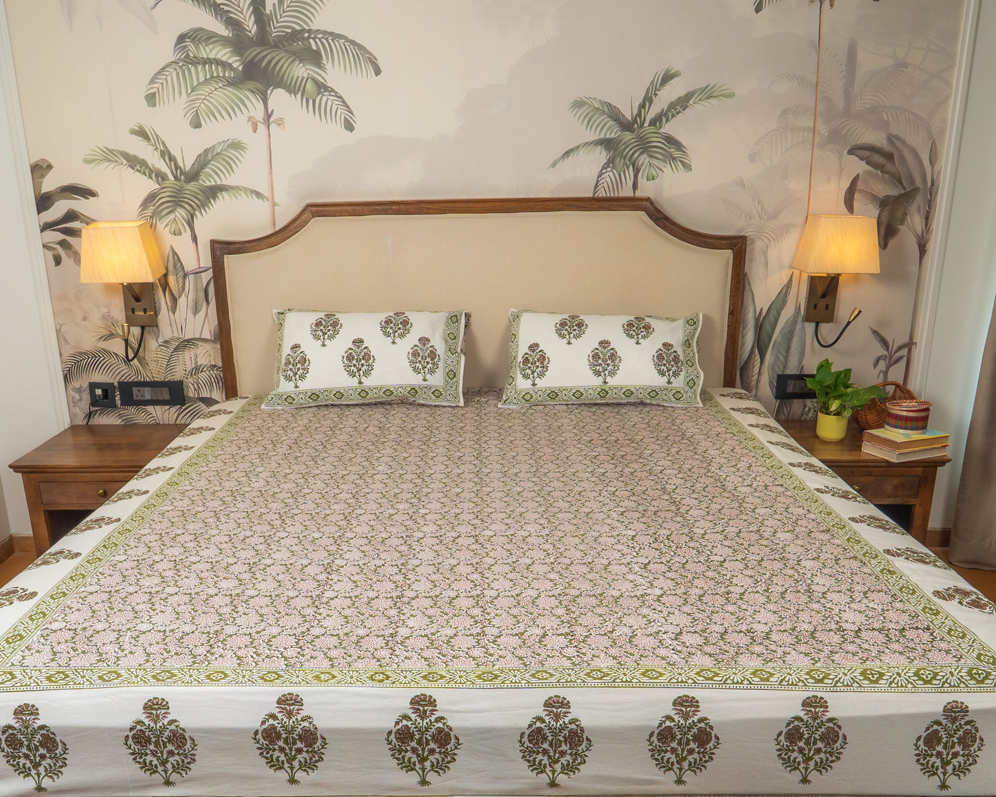 Olive Grove Jaipur Block Print Cotton Bedsheet featuring muted olive floral motifs on a soft neutral base.