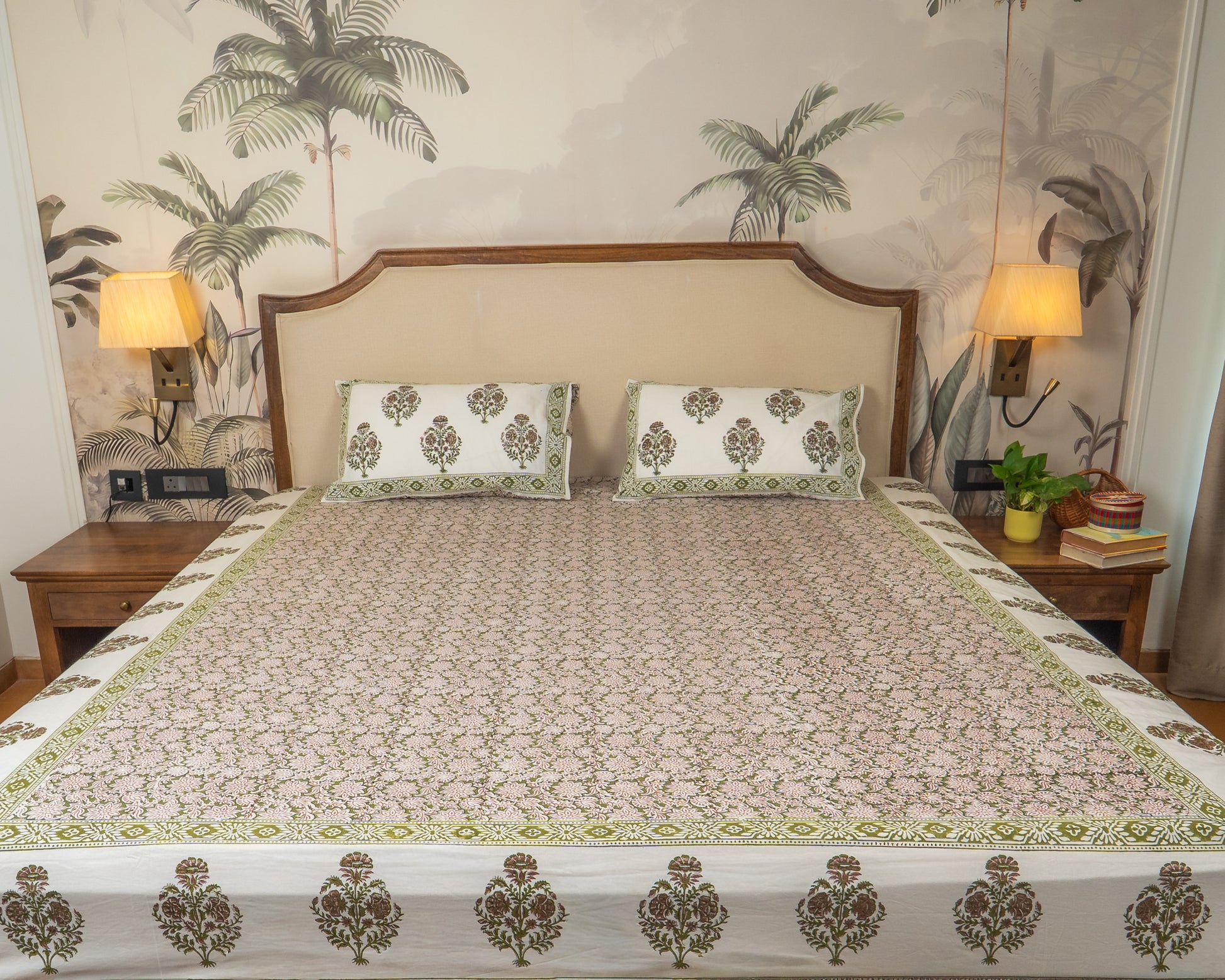 Olive Grove Jaipur Block Print Cotton Bedsheet featuring muted olive floral motifs on a soft neutral base.