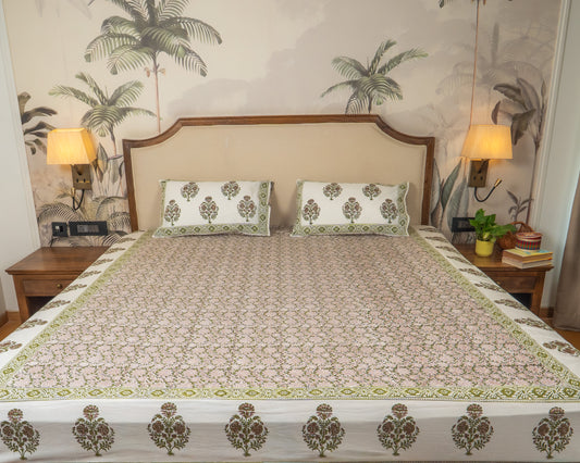 Olive Grove Jaipur Block Print Cotton Bedsheet featuring muted olive floral motifs on a soft neutral base.