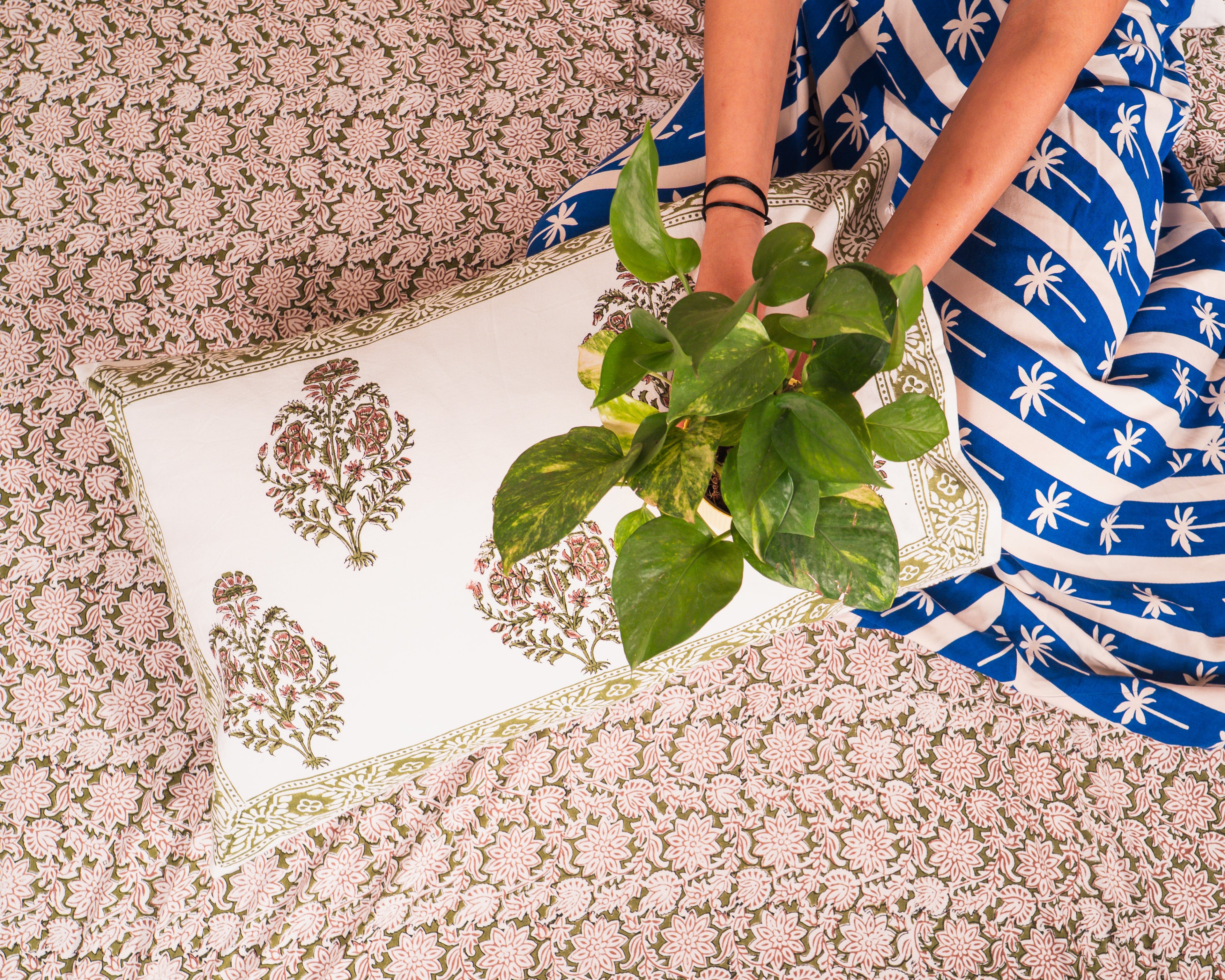 Olive Grove Jaipur Block Print Cotton Bedsheet styled with earthy and natural décor accents.