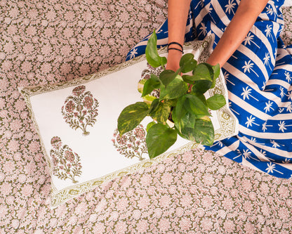 Olive Grove Jaipur Block Print Cotton Bedsheet styled with earthy and natural décor accents.