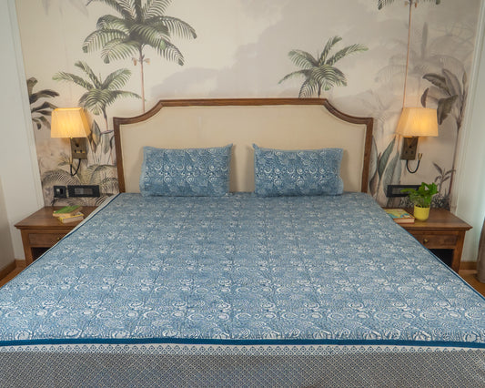 Poonam Bagh Jaipur Block Print Cotton Bedsheet featuring soft blue-grey floral motifs on a light base.